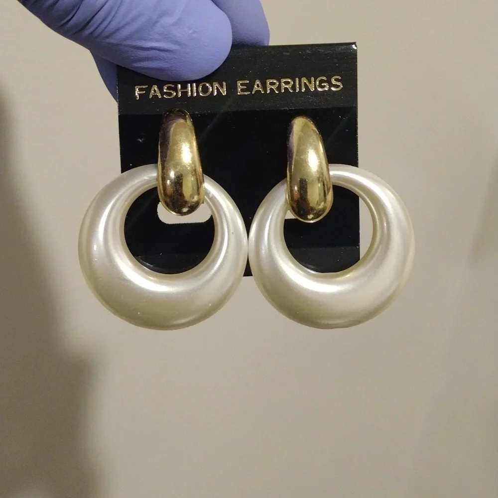 Women's Stunning Gold tone & Off-white Omega Back Hoop Drop Earrings - 1.75-inch
